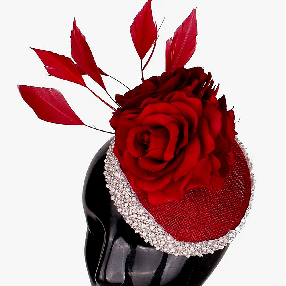 Exquisite Deep Wine Pillbox Flower Fascinator Pearls Feathers Derby Tea …